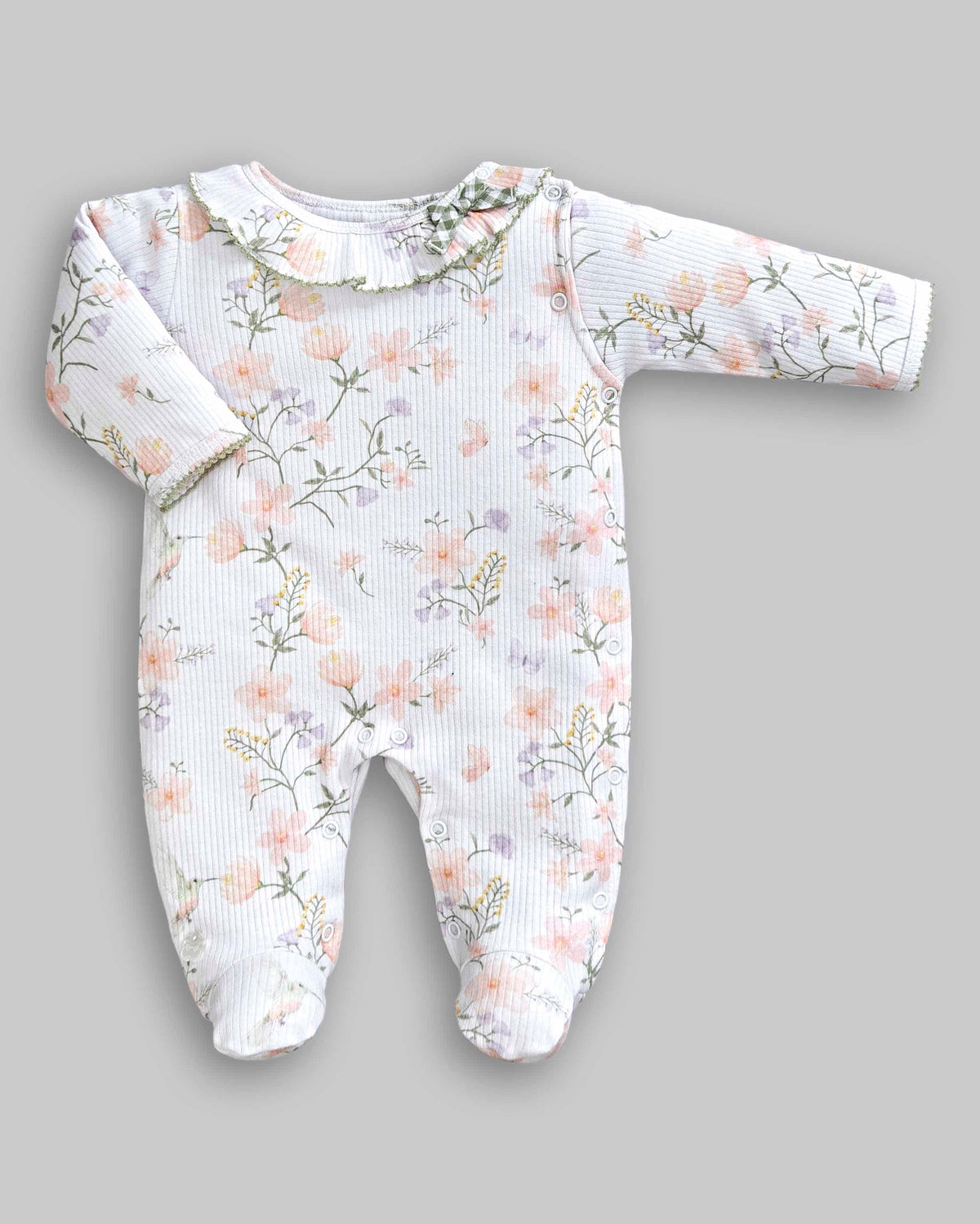 Macacão Longo Floral 100% Algodão Egipicio Canelado - ANJOS BABY