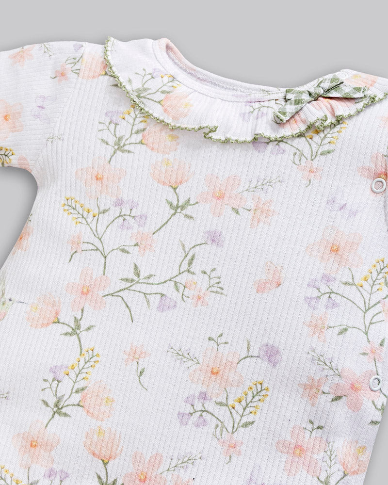 Macacão Longo Floral 100% Algodão Egipicio Canelado - ANJOS BABY