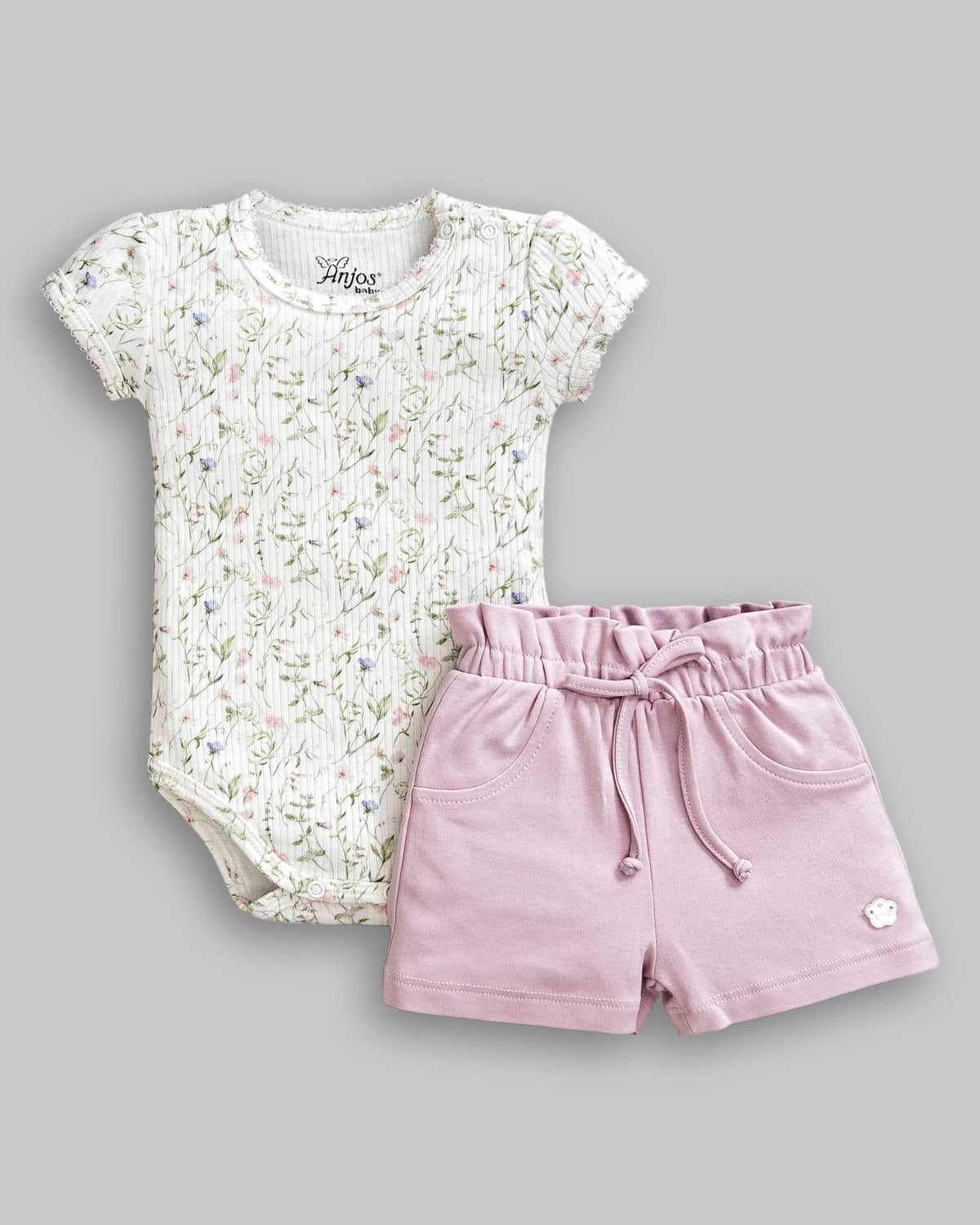 Conjunto Body Manga Curta Floral + Short 100% Algodão Egipicio Bebê Menina - ANJOS BABY