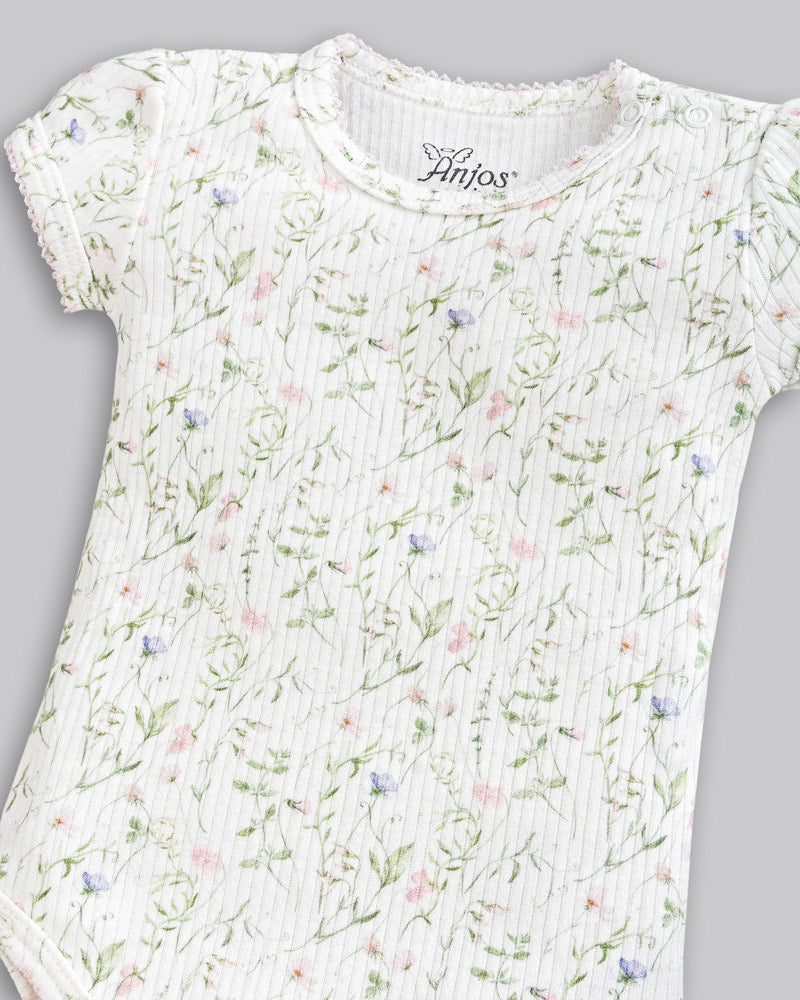 Conjunto Body Manga Curta Floral + Short 100% Algodão Egipicio Bebê Menina - ANJOS BABY