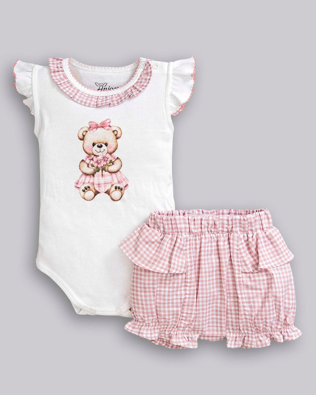 Conjunto Body Manga Curta Suedine e Short Linho Maquinetado Xadrez - ANJOS BABY