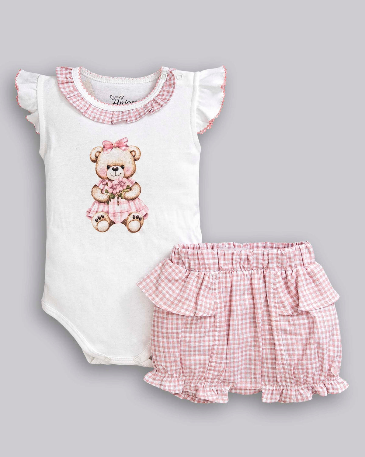 Conjunto Body Manga Curta Suedine e Short Linho Maquinetado Xadrez - ANJOS BABY