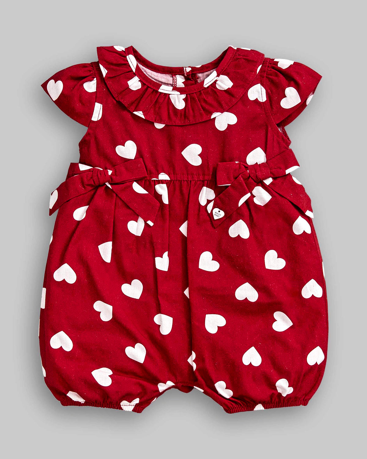 Macacão Curto Bebê Menina Tricoline Corações Vermelho - Anjos Baby