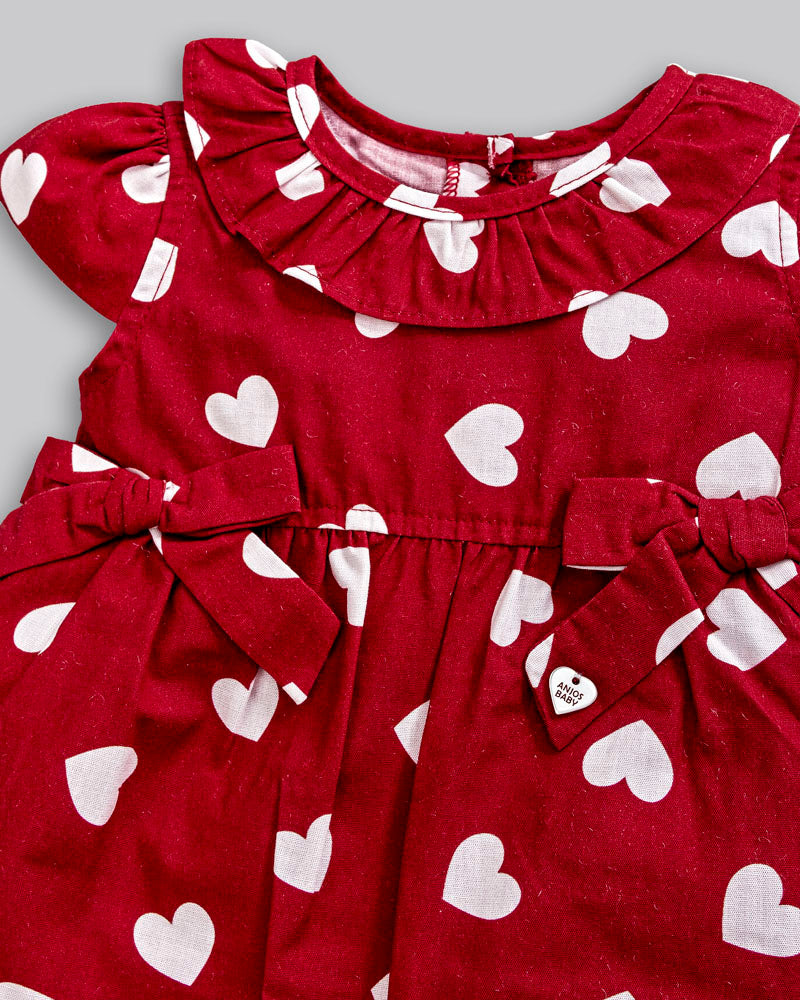Macacão Curto Bebê Menina Tricoline Corações Vermelho - Anjos Baby