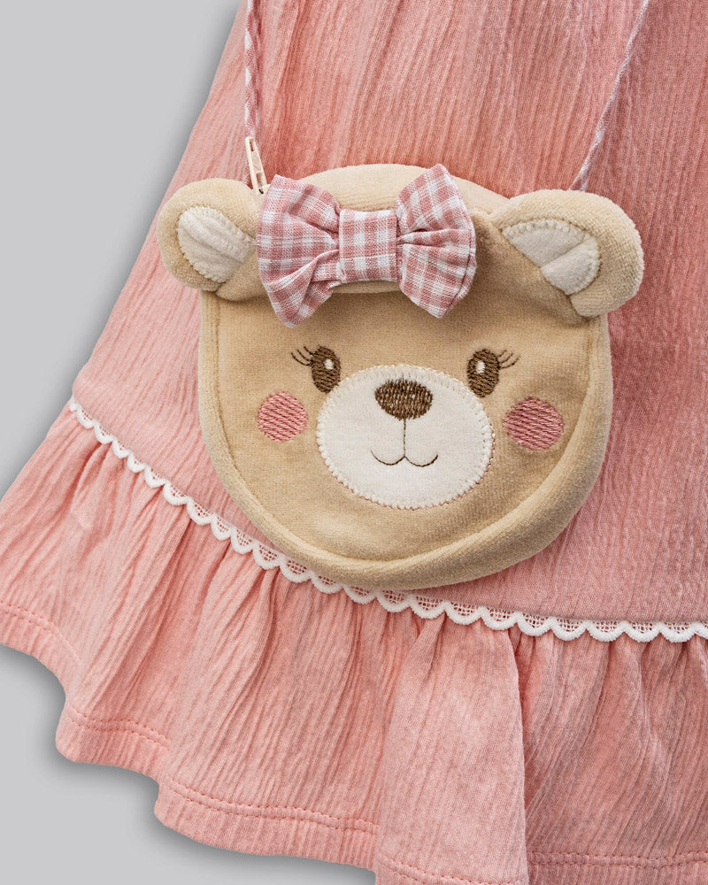 Vestido Malha Anarruga Manga Curta com Bolsa de Urso- ANJOS BABY