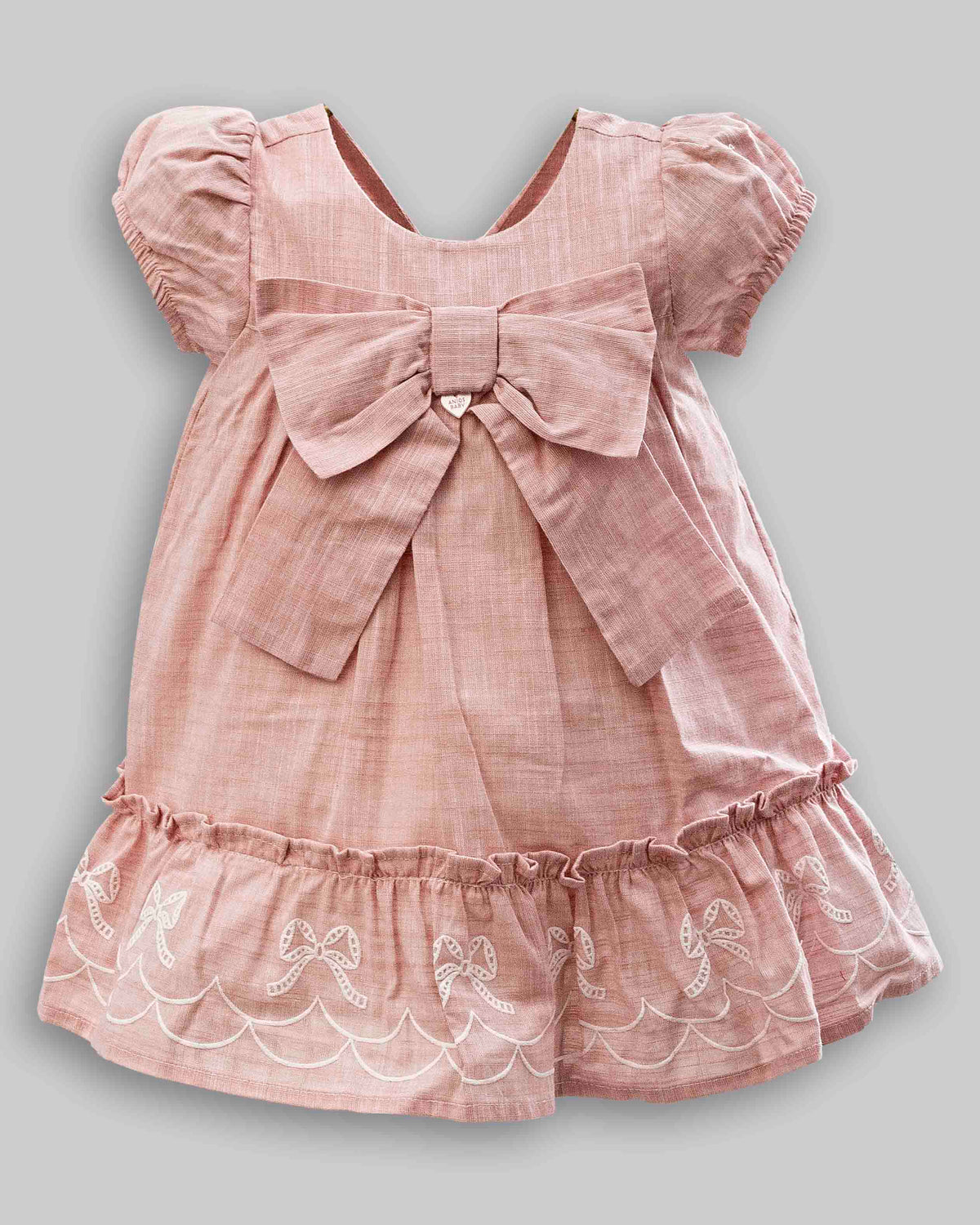 Vestido Linho Maquinetado Rosé com Bordados - ANJOS BABY