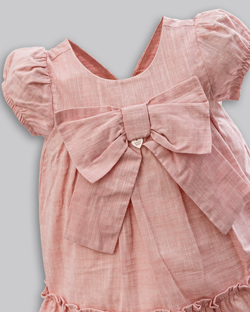 Vestido Linho Maquinetado Rosé com Bordados - ANJOS BABY