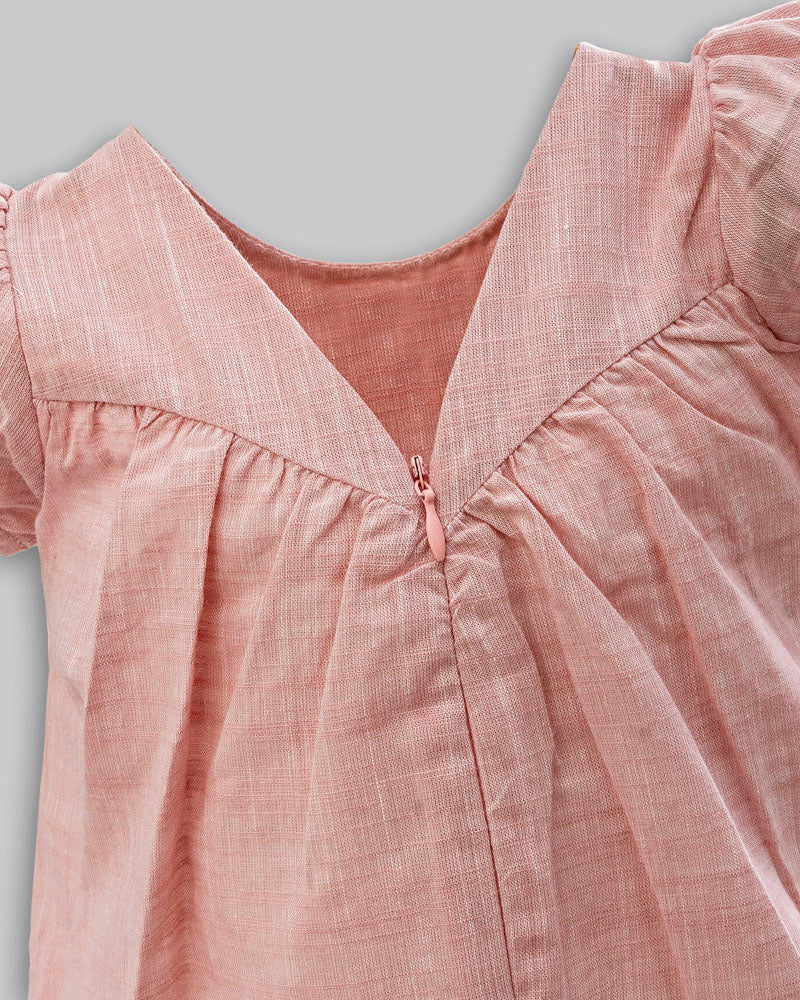 Vestido Linho Maquinetado Rosé com Bordados - ANJOS BABY