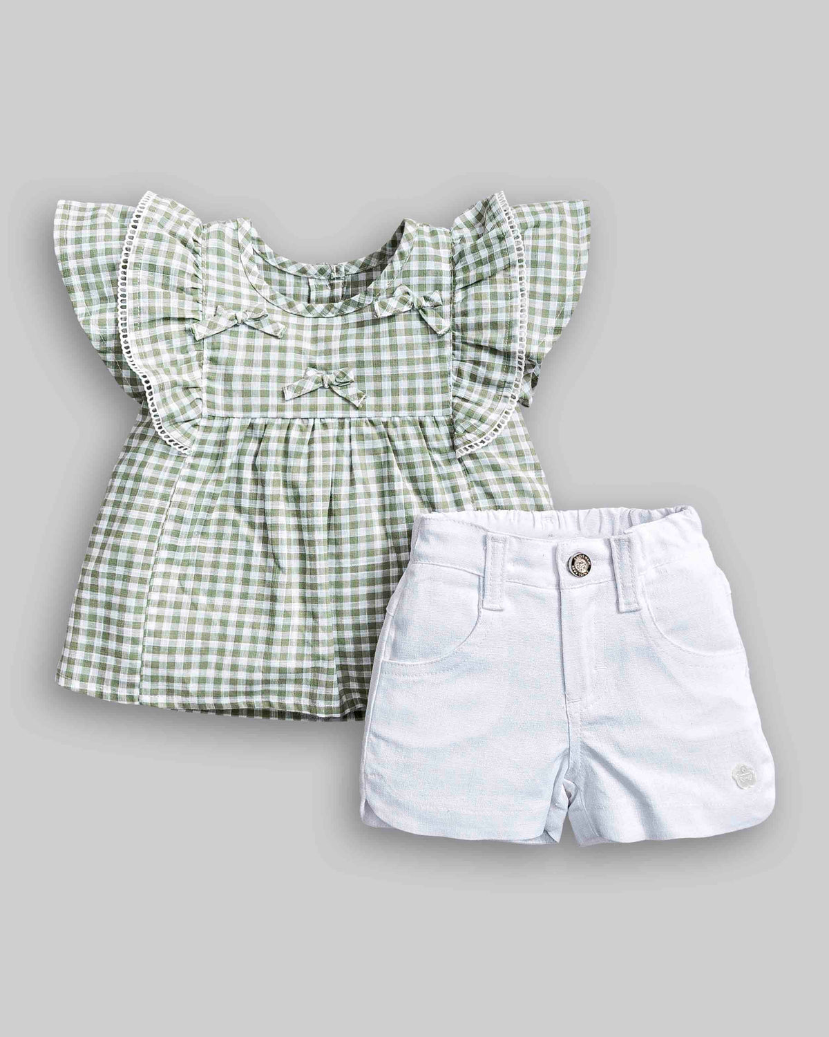 Conjunto Bata Linho Xadrez Verde e Short Linho Branco - ANJOS BABY