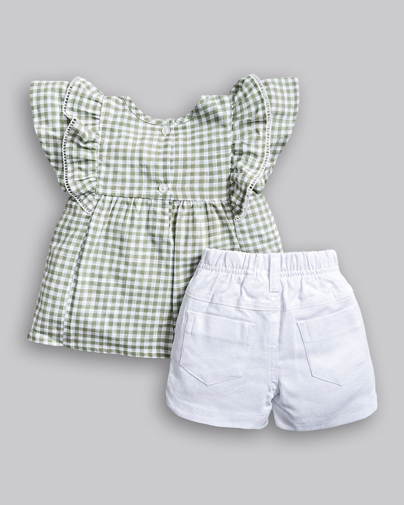 Conjunto Bata Linho Xadrez Verde e Short Linho Branco - ANJOS BABY