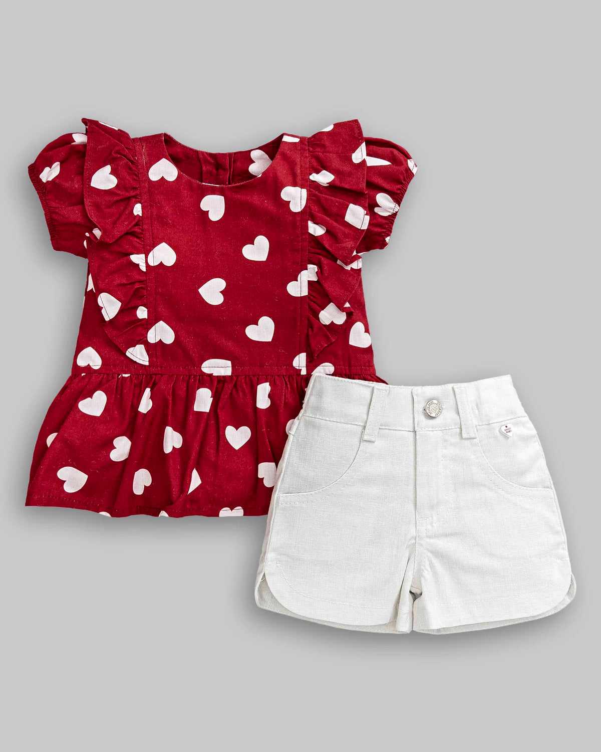 Conjunto Bata Tricoline Estampada Coração e Short Branco - ANJOS BABY