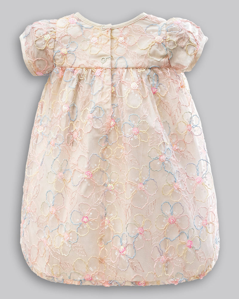 Vestido Tule Bordado Flores Manga Curta - ANJOS BABY