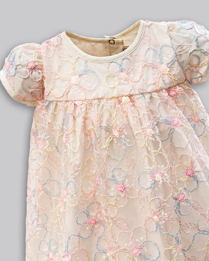 Vestido Tule Bordado Flores Manga Curta - ANJOS BABY