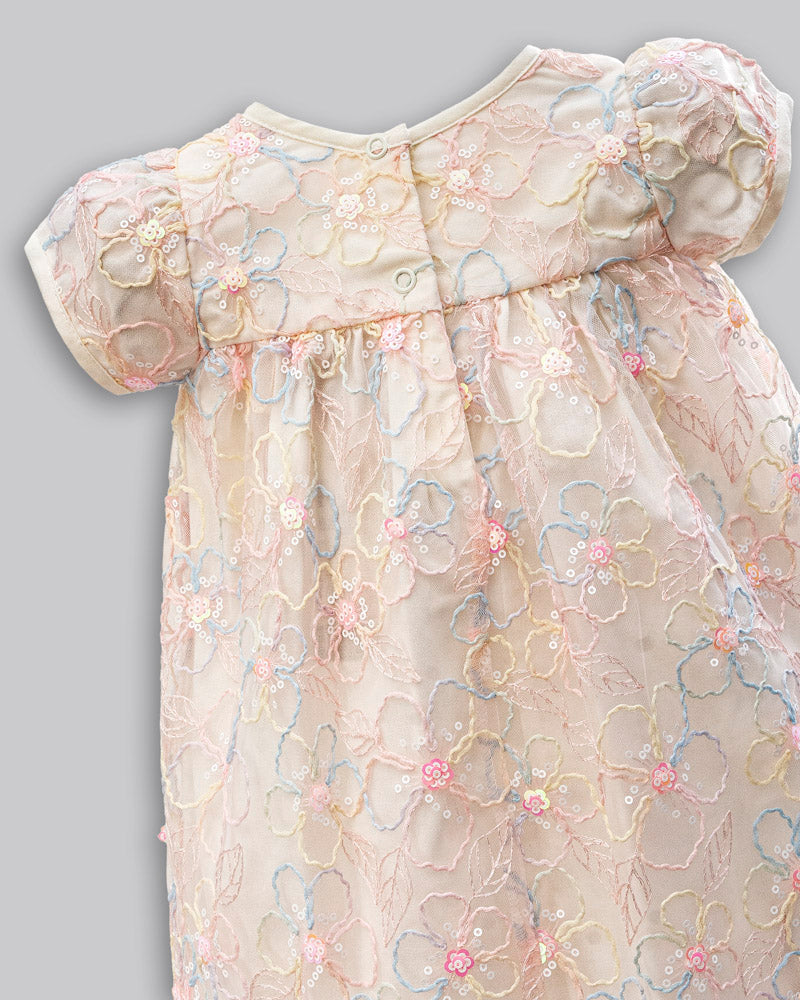 Vestido Tule Bordado Flores Manga Curta - ANJOS BABY