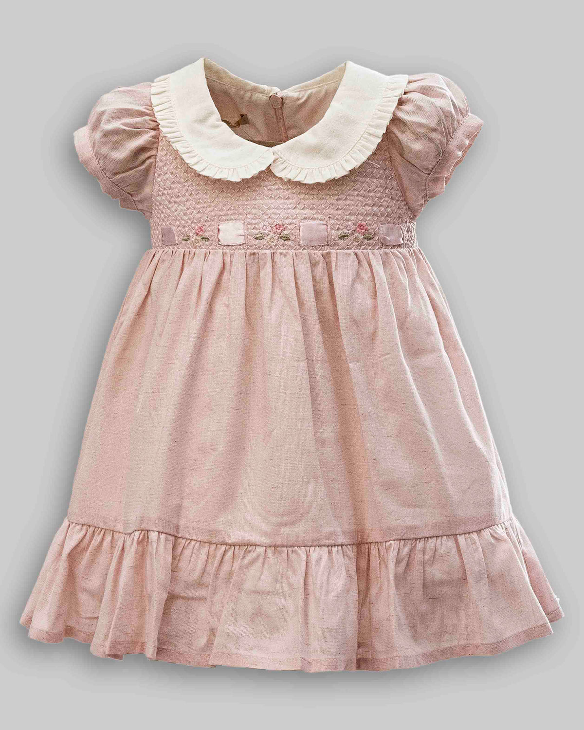 Vestido Linho Maquinetado Manga Curta Rosa - ANJOS BABY