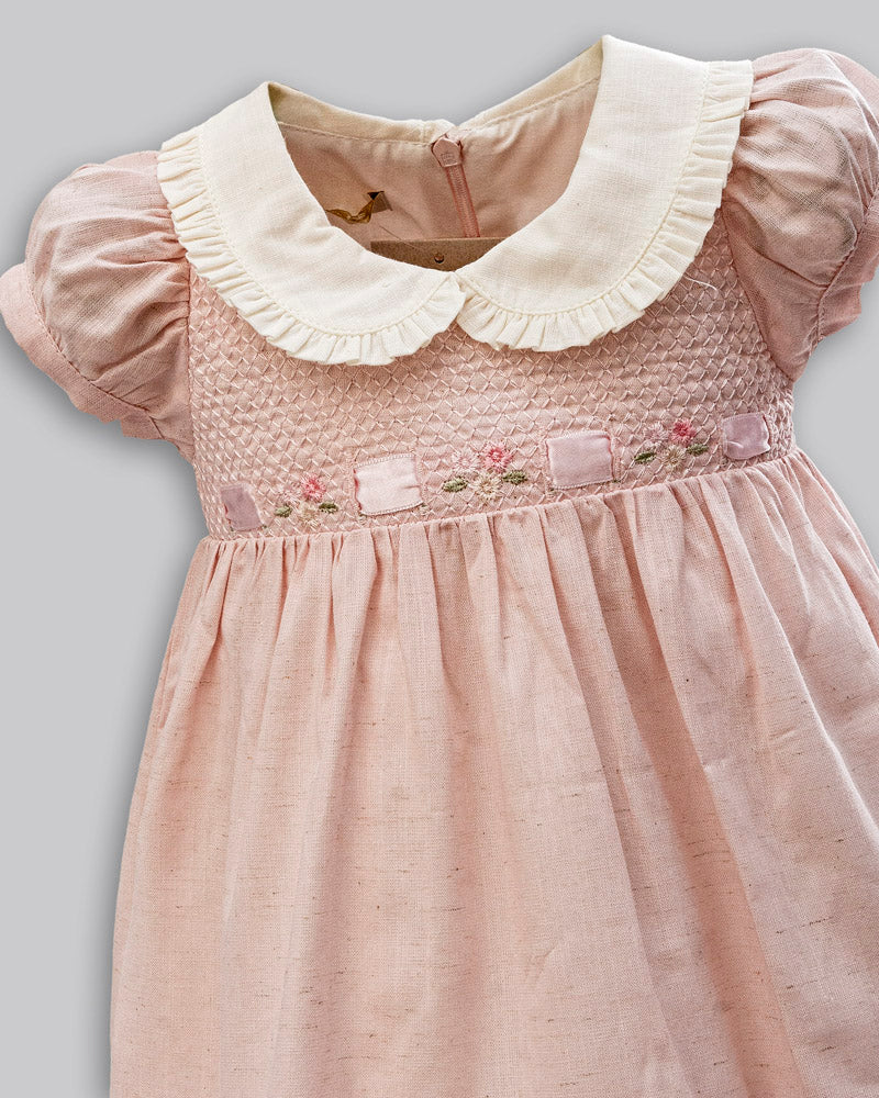 Vestido Linho Maquinetado Manga Curta Rosa - ANJOS BABY
