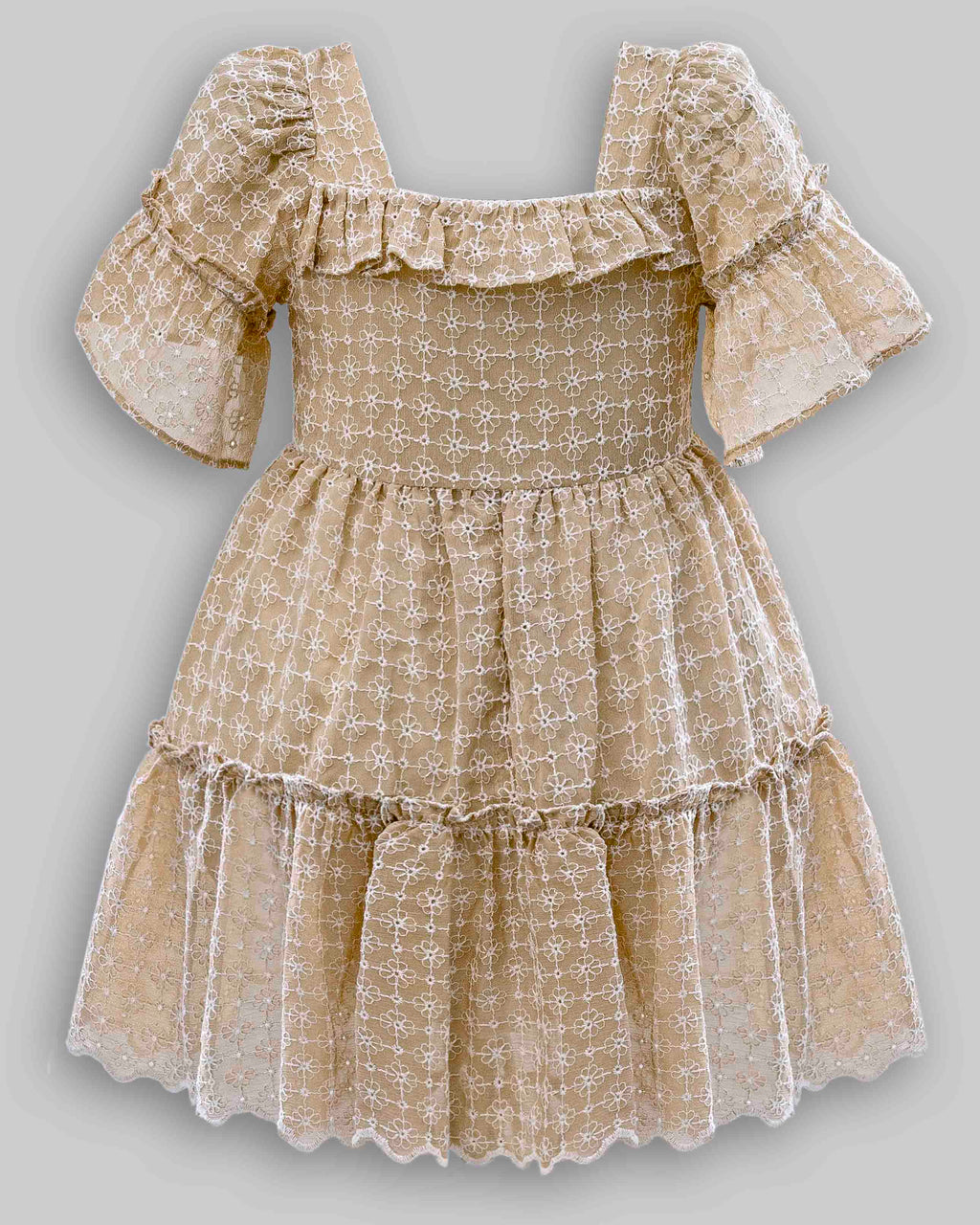 Vestido Chiffon Bordado Floral Bege - ANJOS BABY