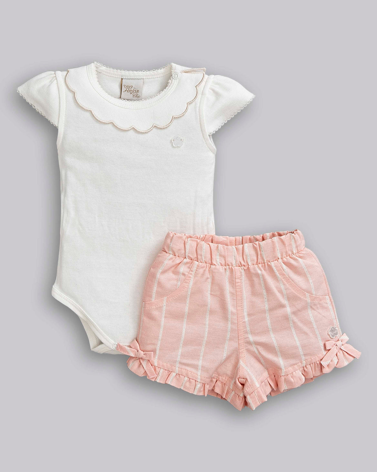Conjunto Body Suedine Manga Curta e Short Tricoline Listrado - ANJOS BABY
