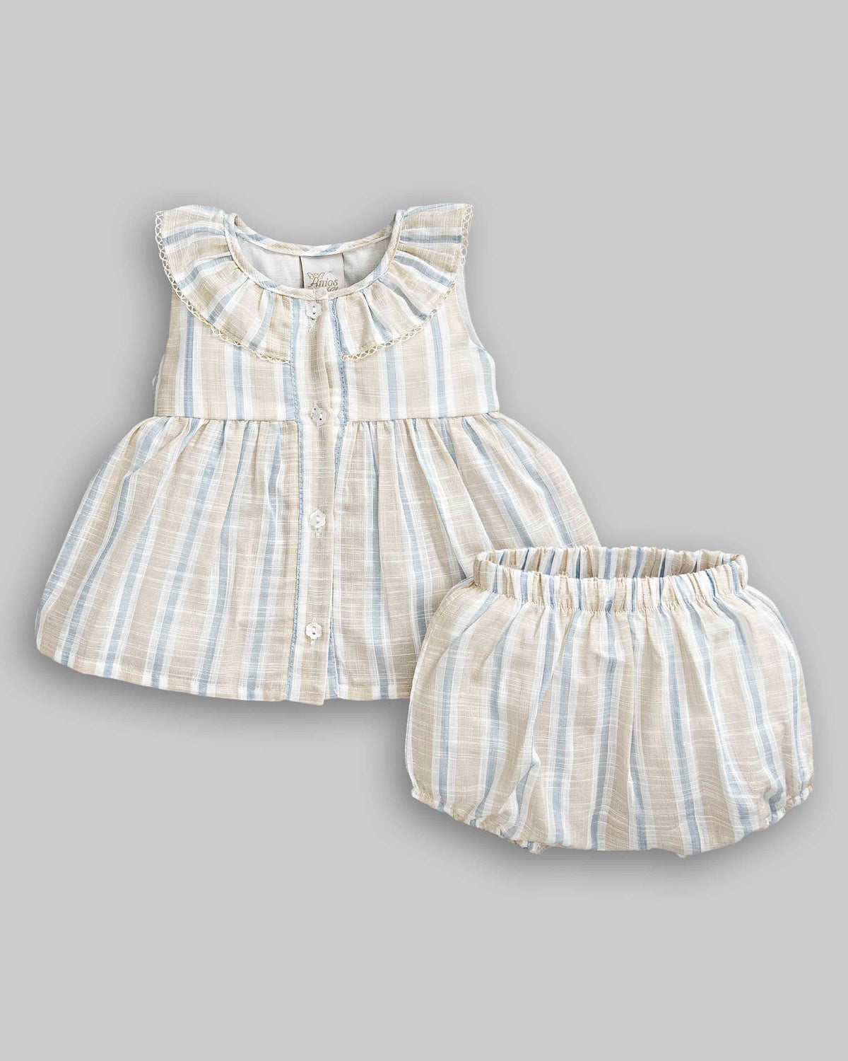 Conjunto Bata Manga Curta, Short e Faixa de Cabelo Tricoline Listrado - ANJOS BABY