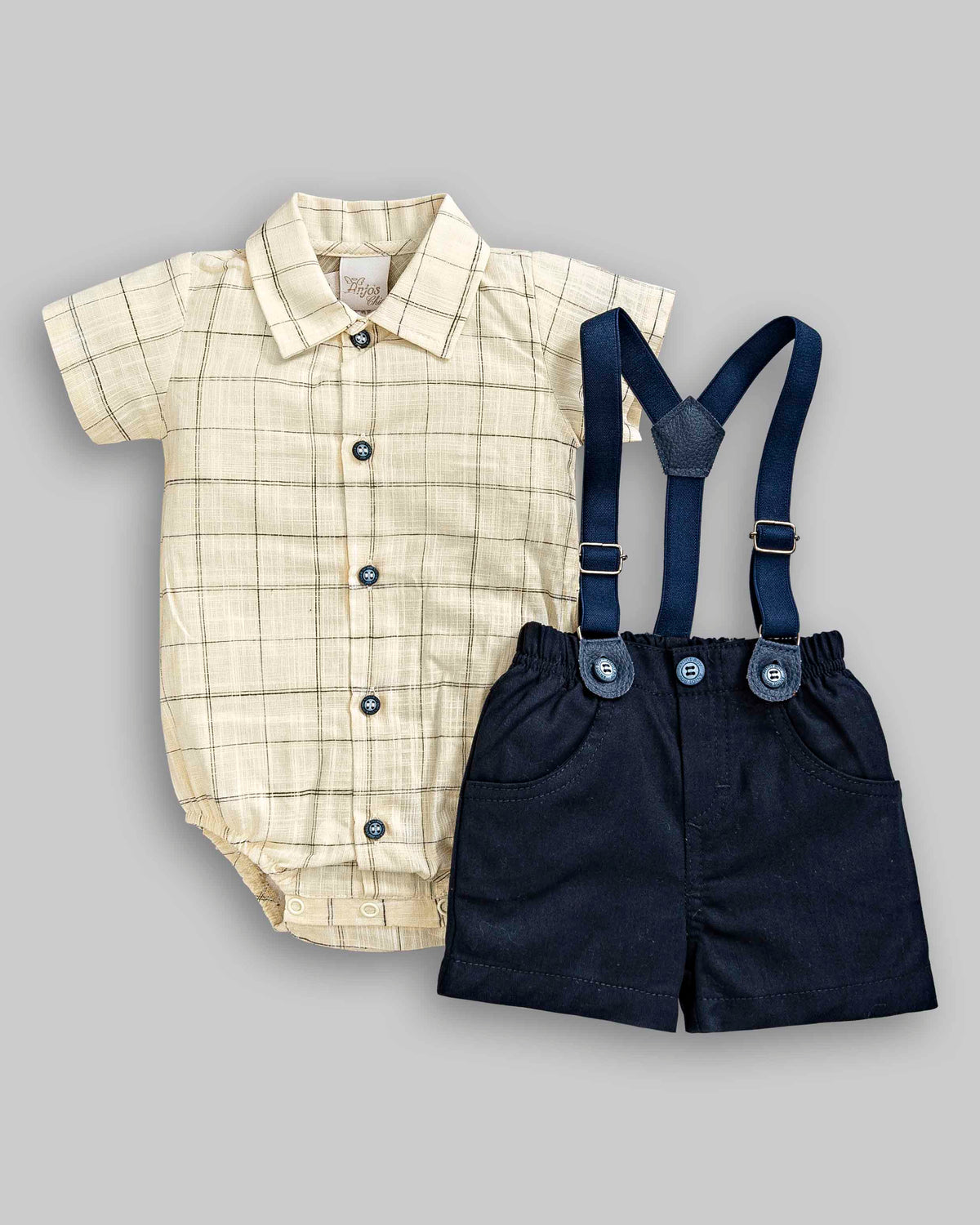 Conjunto Body Camisa Linho + Suspensório + Short Sarja - ANJOS BABY