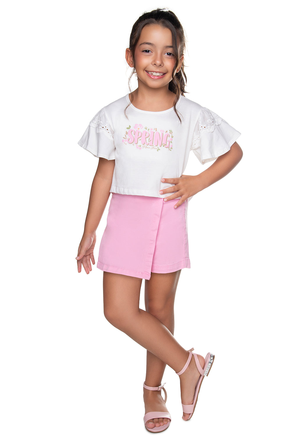 Conjunto Blusa Meia Malha e Short Saia Sarja Rosa - HAVE FUN