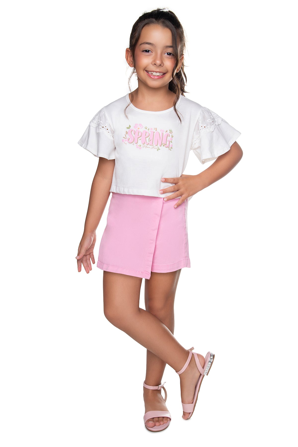 Conjunto Blusa Meia Malha e Short Saia Sarja Rosa - HAVE FUN